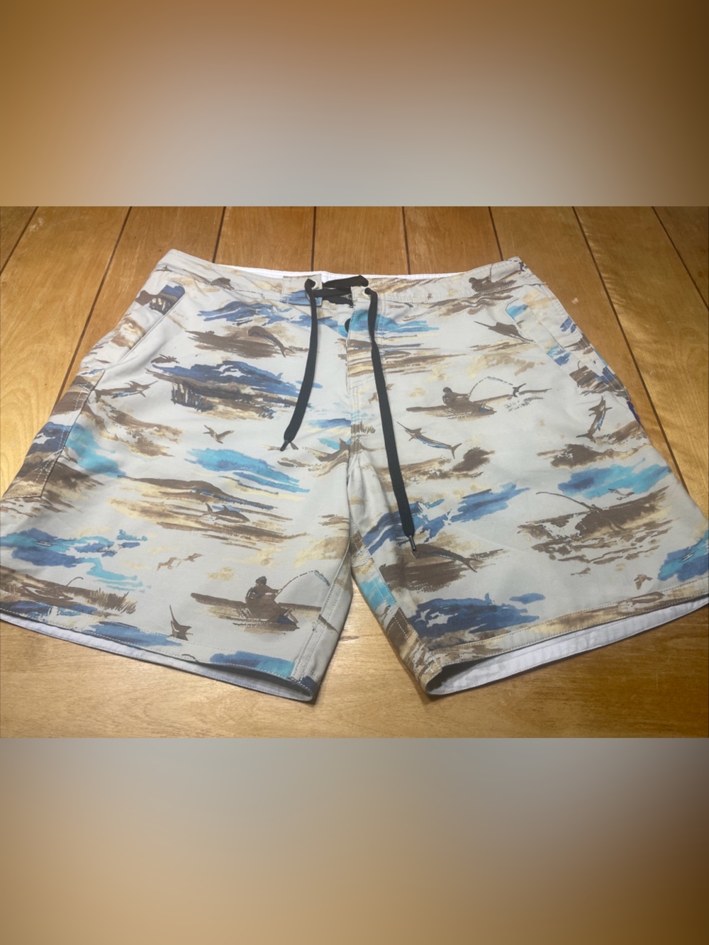 AFTCO Blue & Tan Printed Board Shorts Size 36 with 8” Inseam Graphic AOP